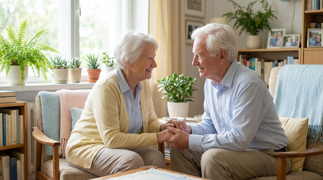 Senior couple smiling in a comfortable home